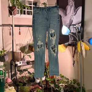 Hollister Jeans W24 L27 Blue Ultra High Rise Mom Jean Vintage Ripped Smiley Face